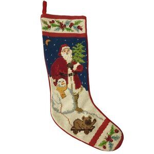 Vtg Peking Handicraft Needlepoint Christmas Stocking Wool Pug Dog Santa Snowman